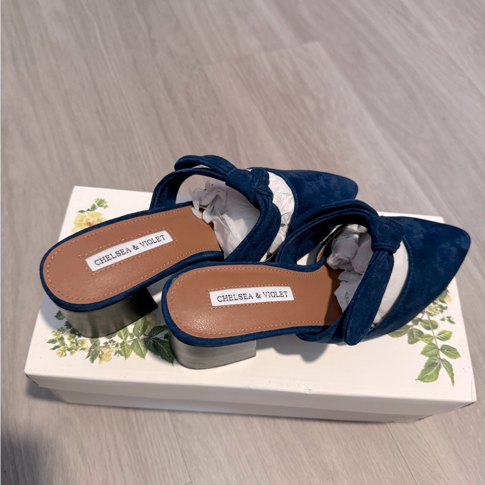 Chelsea & Violet Suede Leather Molly Mules Blue Block Heel Pointed Toe - Picture 3 of 6
